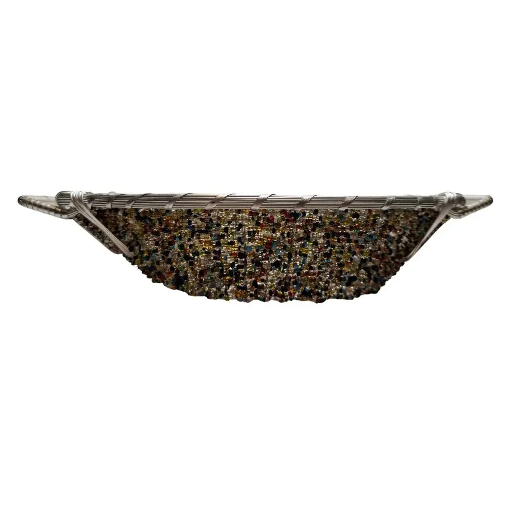 IHI Boat Shape Seed Bead Basket Silver Metal And Wire Made In India 13.5